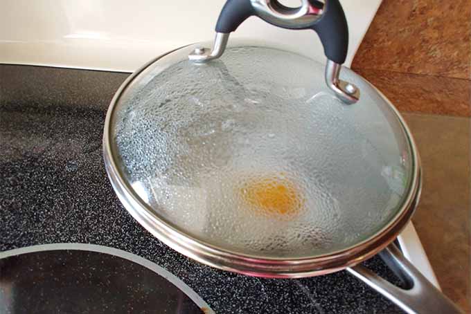 An egg is poaching in a frying pan of water with a clear glass lid on top, with condensation forming on the lid, on a black flat-topped electric stove with a white wall in the background.