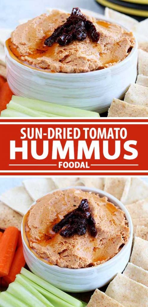 A collage of photos showing different views of a sun-dried tomato hummus recipe.