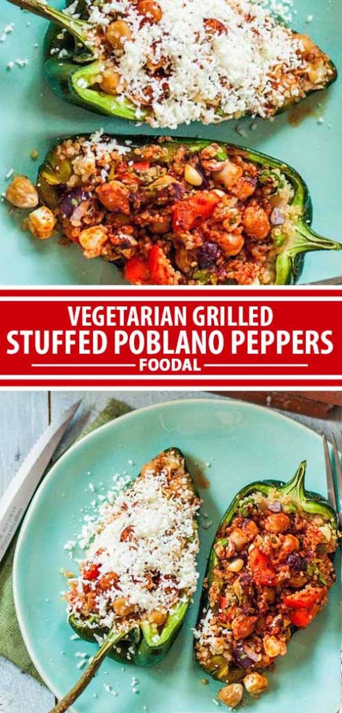 A collage of photos showing different views of a vegetarian poblano stuffed pepper recipe.
