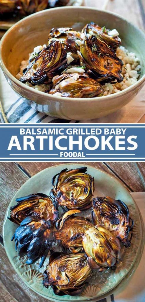 A collage of photos showing a balsamic grilled baby artichokes recipe.