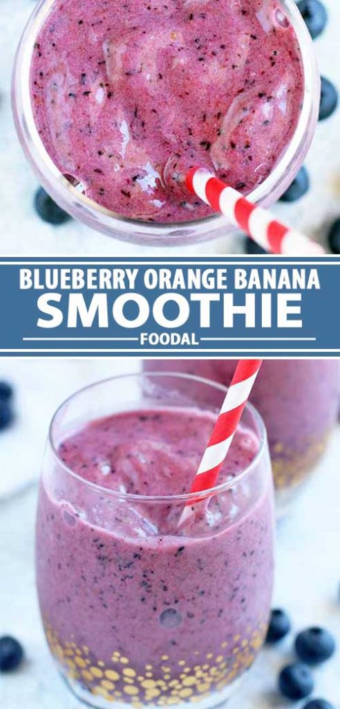 a collage of photos showing different views of blueberry orange banana smoothie recipe.
