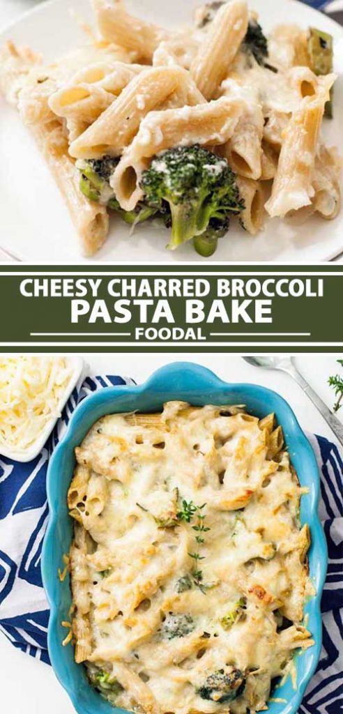 A collage of photos showing different images of a cheesy charred broccoli pasta bake.