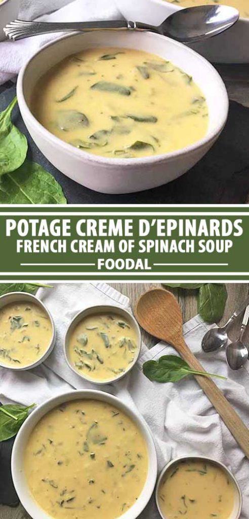 A collage of photos showing Potage Creme d’Epinards: A Velvety (French Cream of Spinach Soup).