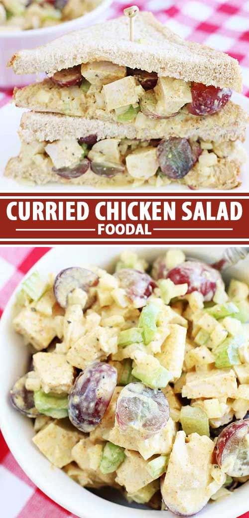 A collage of photos showing different views of a curried chicken salad recipe.