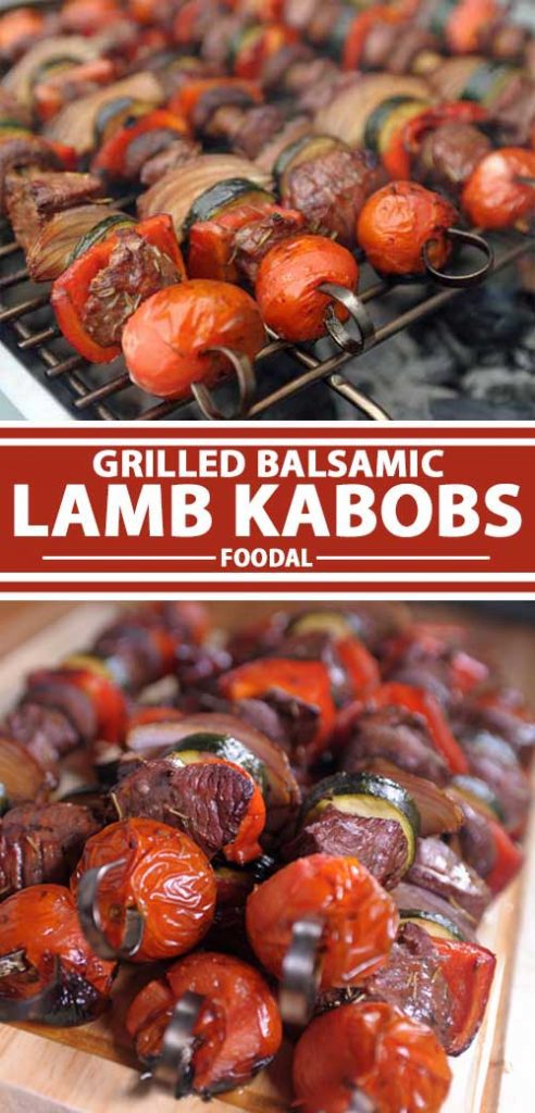 A collage of photos showing a grilled balsamic lamb kabob recipe.