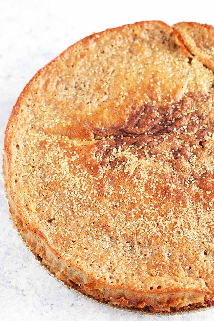 Closely cropped image of three-quarters of a golden brown, round spelt cake, on a speckled white background.
