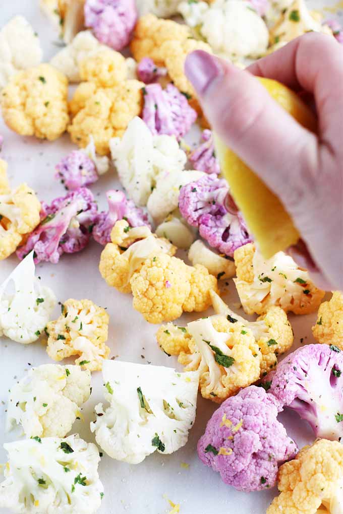 Closeup of raw orange, purple, and white cauliflower florets, sprinkled with chopped fresh green herbs and citrus zest, with a woman's hand with pink manicured nails squeezing a lemon onto the vegetables, on a white background.