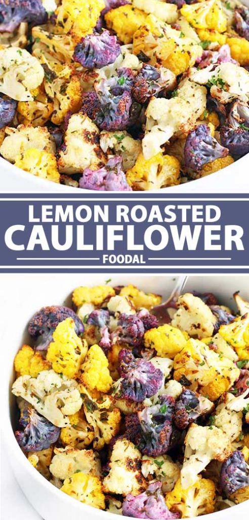 A collage of photos showing different views of lemon a roasted cauliflower recipe.