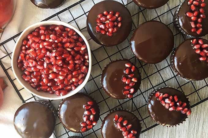 Horizontal image of a cooling rack with cupcakes with ganache and pomegranate seeds.