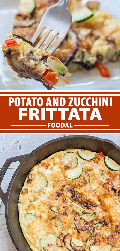 A collage of photos showing different views of a potato zucchini frittata recipe.