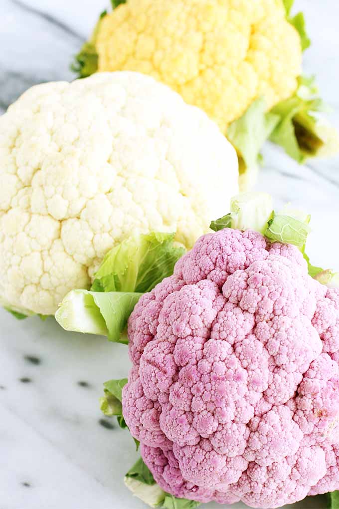 Vertical image of one orange, one white, and one pinkish-purple head of cauliflower with short green leaves, on a gray and white marble background.