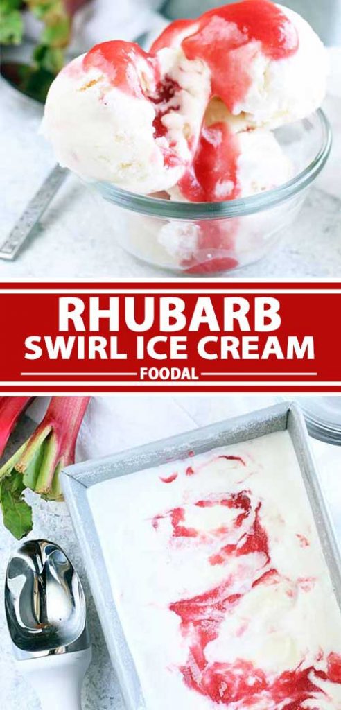 A collage of photos showing different views of a rhubarb swirl ice cream recipe.