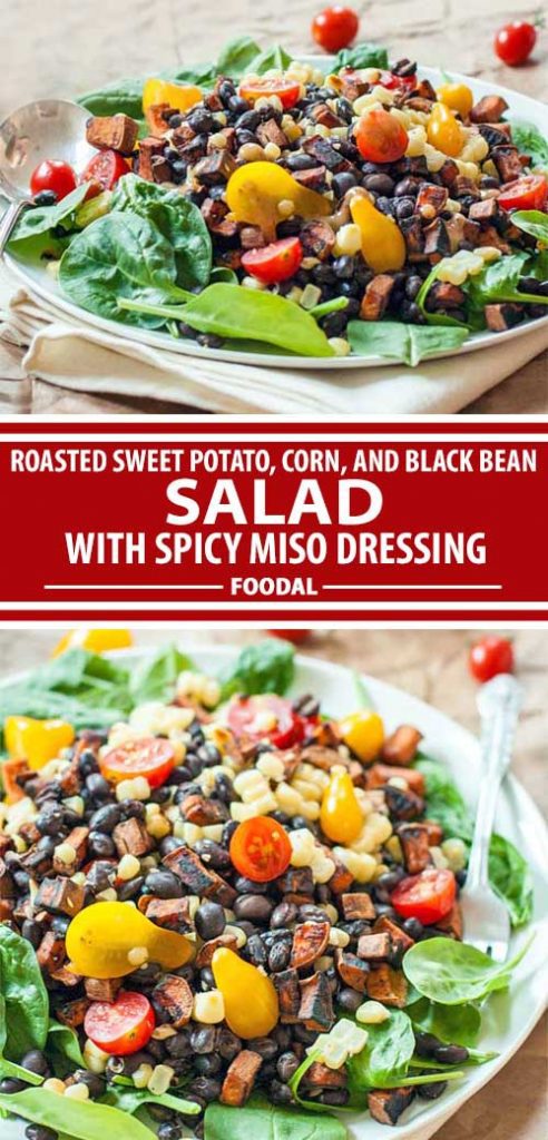 A collage of photos showing a salad made with roasted sweet potatoes, corn, black beans, leaf lettuce, spinach and a miso-based dressing.