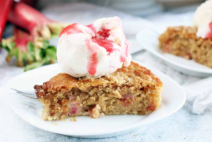 A golden brown slice of whole grain rhubarb cake on a plate with a silver fork, with a white scoop of ice cream with pink sauce on top, with stalks of pink rhubarb topped with green and another plate of cake in the background, on a speckled blue and white surface.