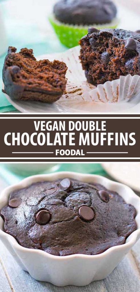 A collage of photos showing different views of a vegan double chocolate muffin recipe.