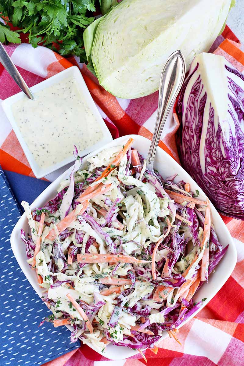 Vertical top-down image of a white square bowl of coleslaw, a smaller square dish of white dressing, purple and green cabbage wedges, and a bunch of Italian parsley, on a white and red checkered tablecloth, with a blue and white cloth napkin.