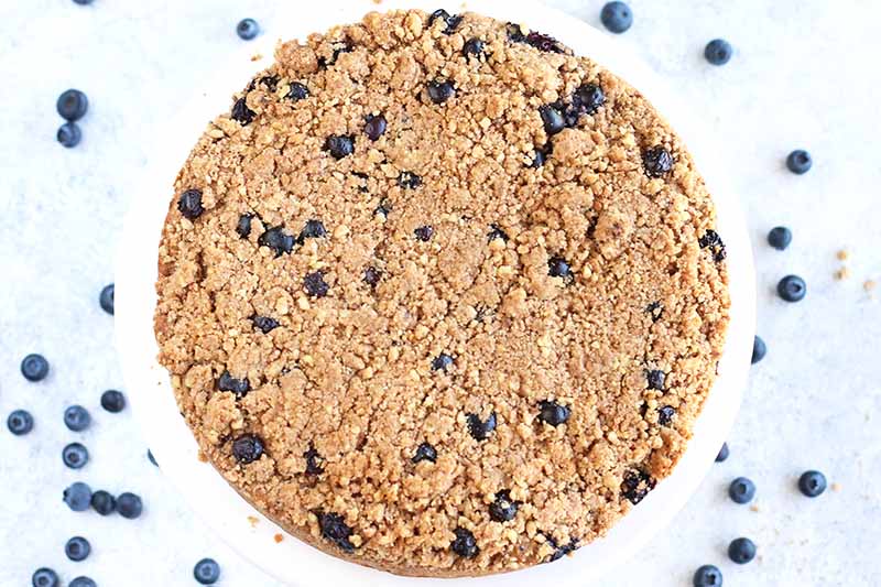 Top-down shot of a round streusel-topped coffee cake, studded with and on a white countertop surrounded by scattered blueberries.