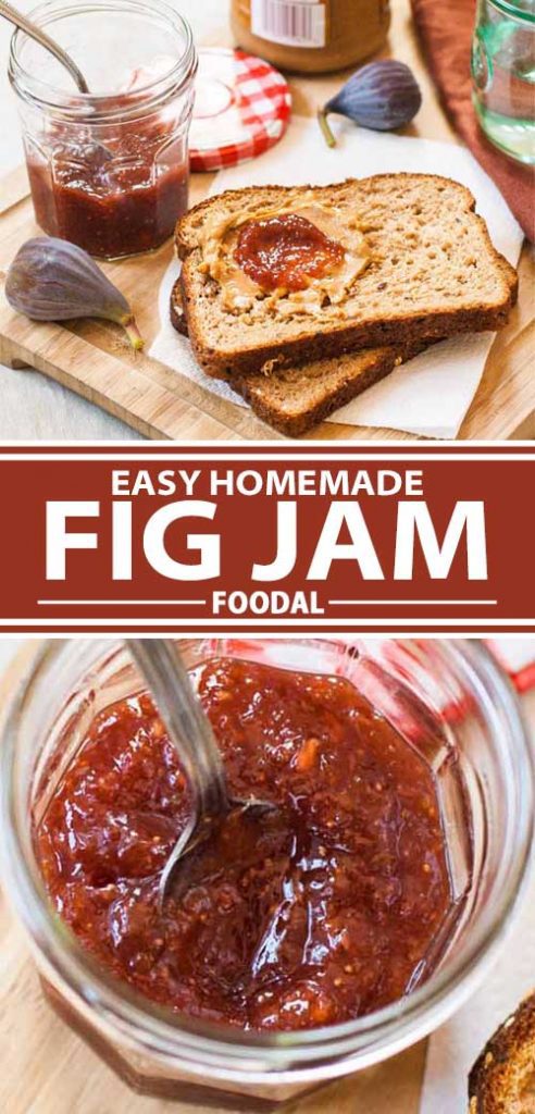 A collage of photos showing homemade fig jam in the jar and being spread onto a peanut butter and jelly sandwich.