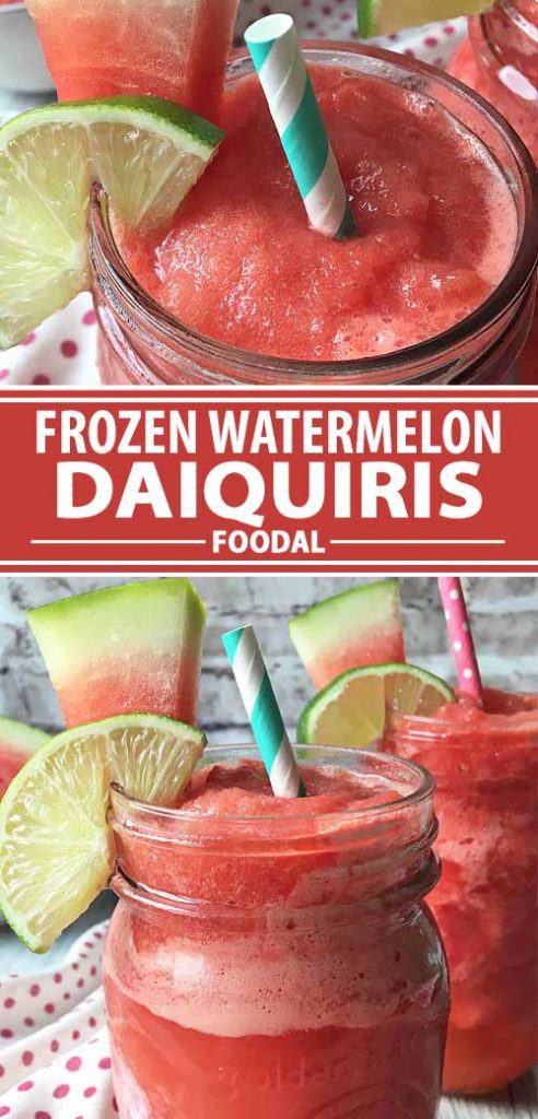 A collage of photos showing different views of frozen watermelon Daiquiri recipe.