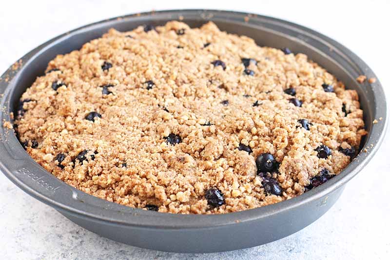 Just-baked blueberry coffee cake in a round metal pan, with a streusel topping, on a white background.