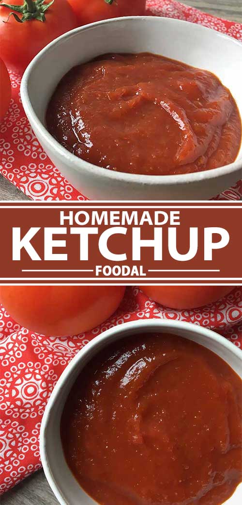 A collage of photos showing different views of a homemade ketchup recipe.