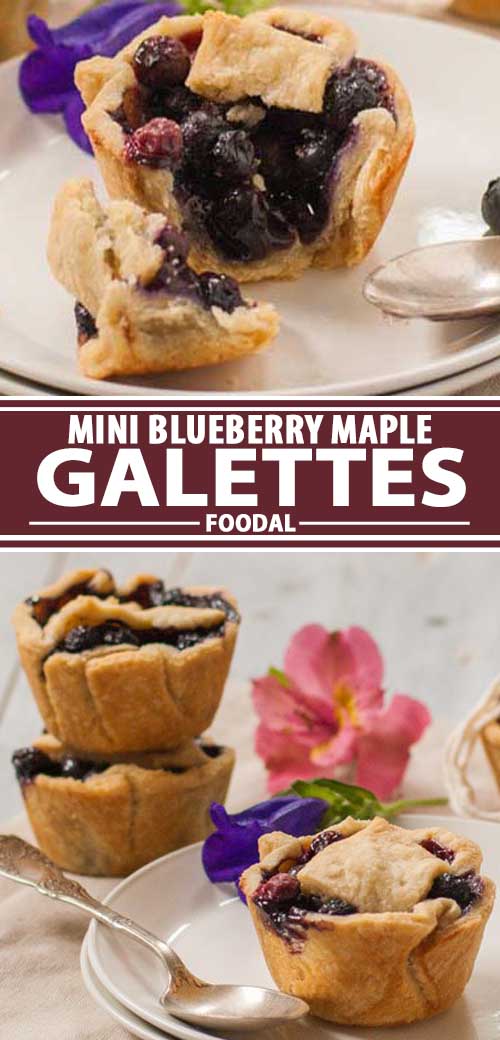 A collage of photos showing different views of mini blueberry maple gallete recipe.