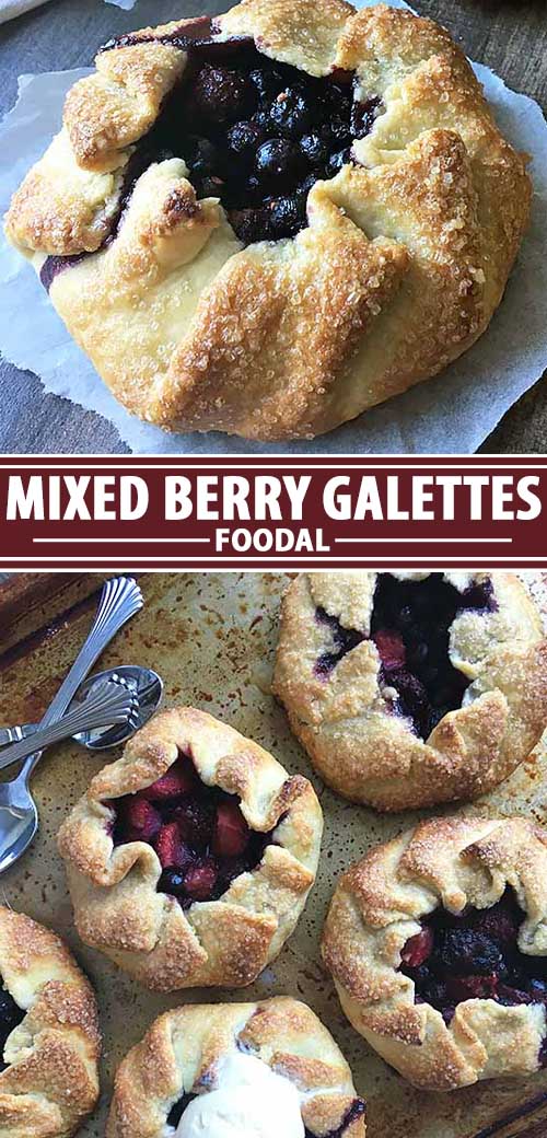 A collage of photos showing a mixed berry galette recipe.