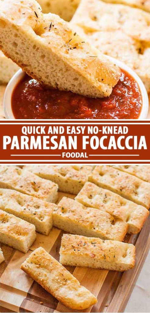 A collage of photos showing different views of a Parmesan focaccia recipe