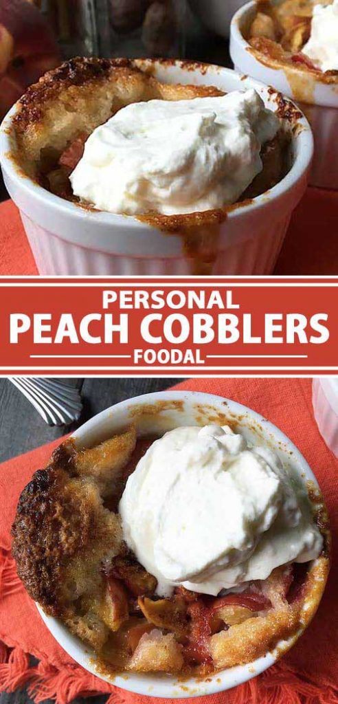 A collage of photos showing personal sized peach cobblers made in ramekins.