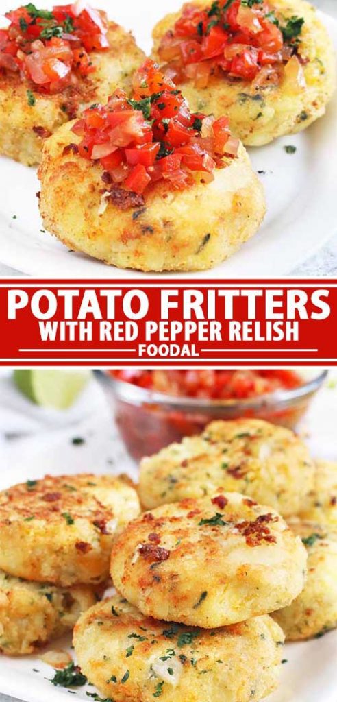 A collage of photos showing different views of potato fritter recipe with red pepper relish.