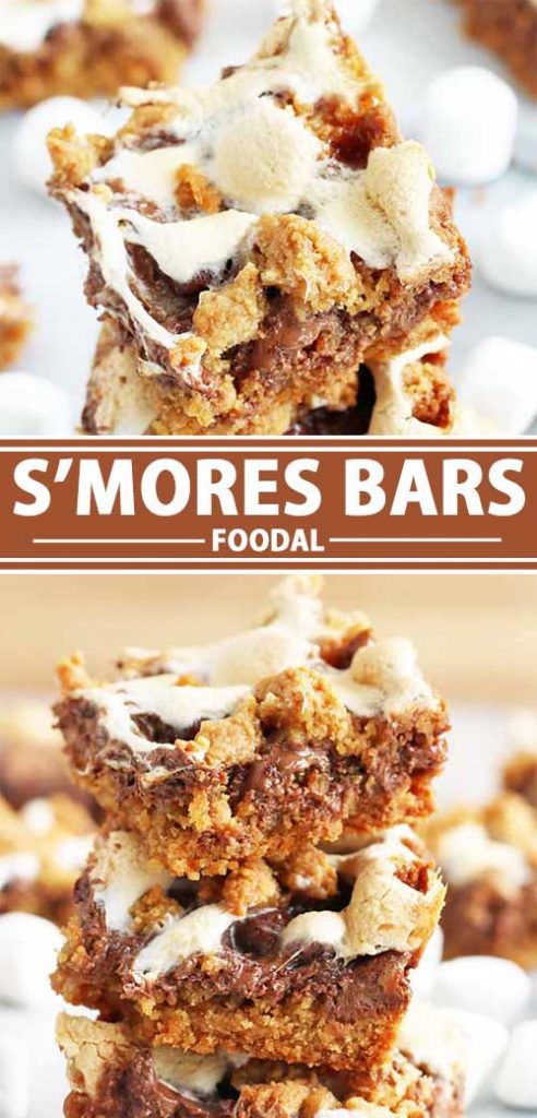 A collage of photos showing different views of a s'mores bar recipe.