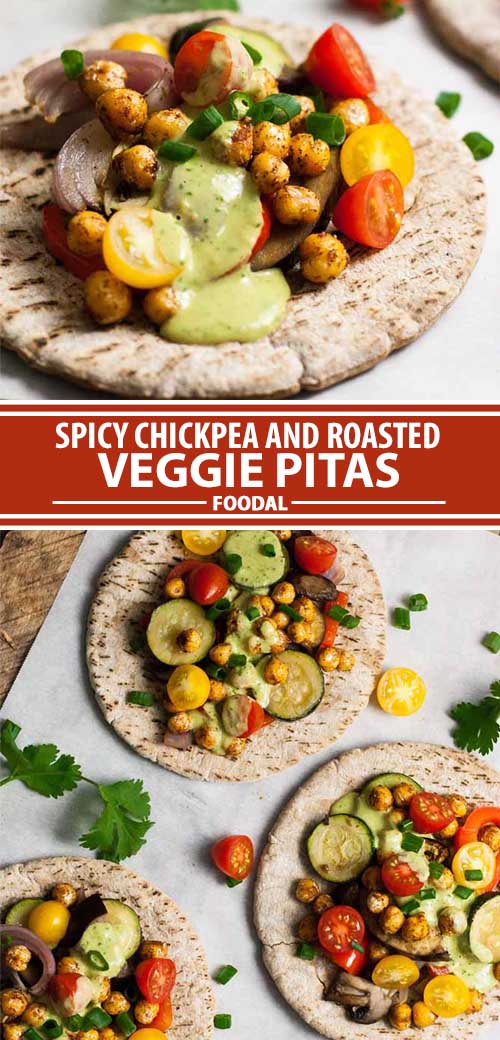 A collage of photos showing different views of a spicy chickpea and roasted veggie pita recipe.