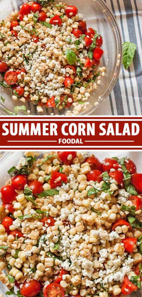 A collage of photos showing different views of a summer corn salad recipe.