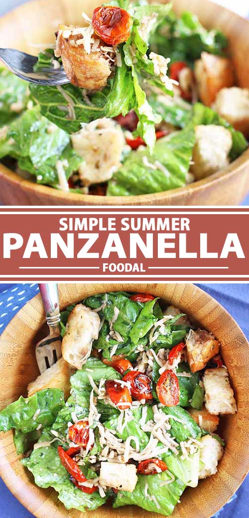 A collage of photos showing a recipe for a simple summer panzanella recipe.