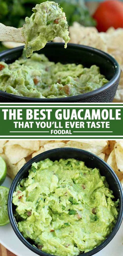 A collage of photos showing different views of a tasty guacamole recipe.