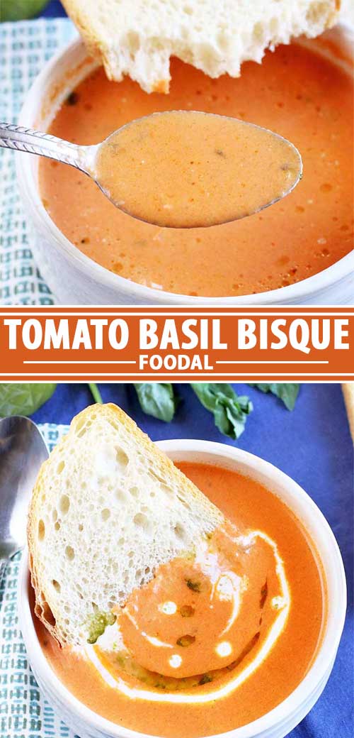 A collage of photos showing different views of tomato basil bisque recipe.