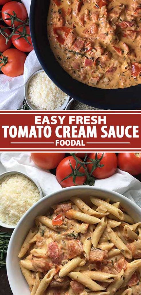 A collage of photos showing an easy and fast tomato cream sauce recipe.