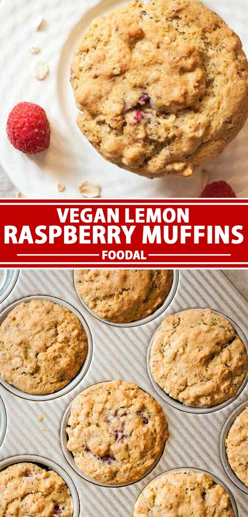 A collage of photo showing different views of a vegon lemon raspberry recipe.