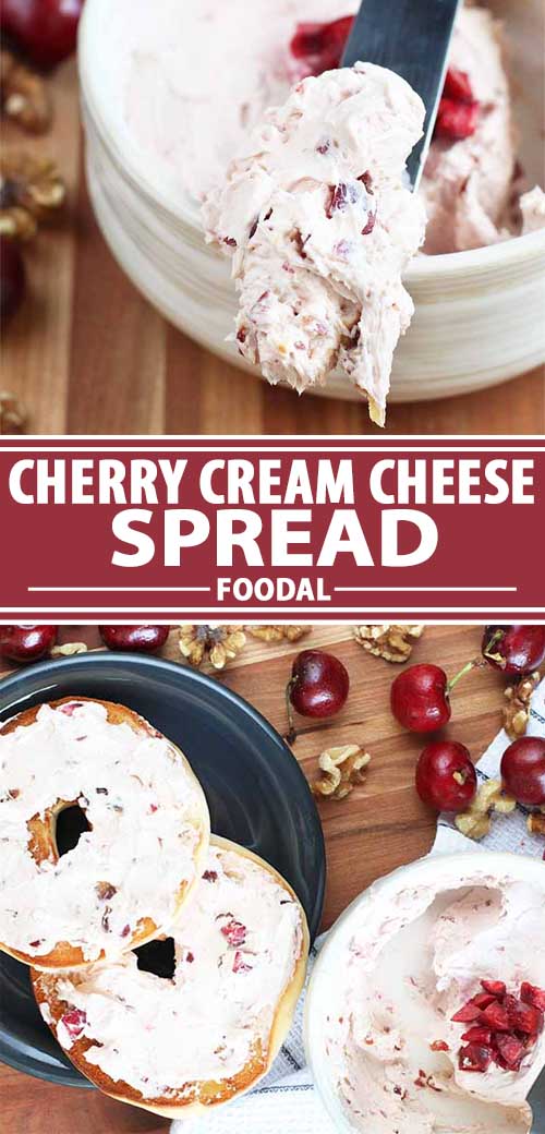 A collage of photos showing a cherry cream cheese spread recipe.