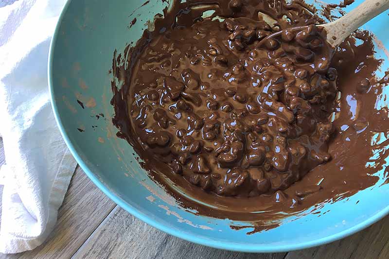 Horizontal image of a chunky chocolate batter in a blue bowl.