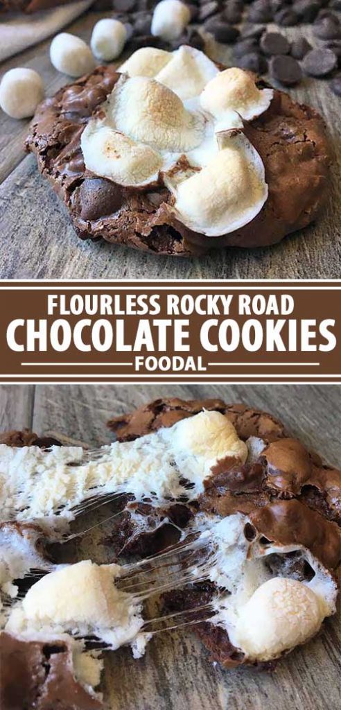A collage of photos showing different views of a gluten-free flourless rocky road chocolate cookie recipe.