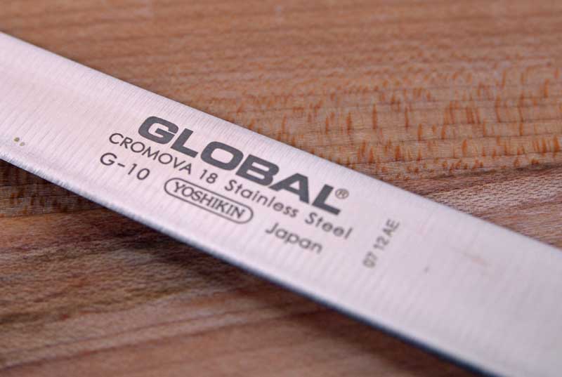 A close up of the label on the Global G-10 12.5-Inch Flexible Slicing Knife.