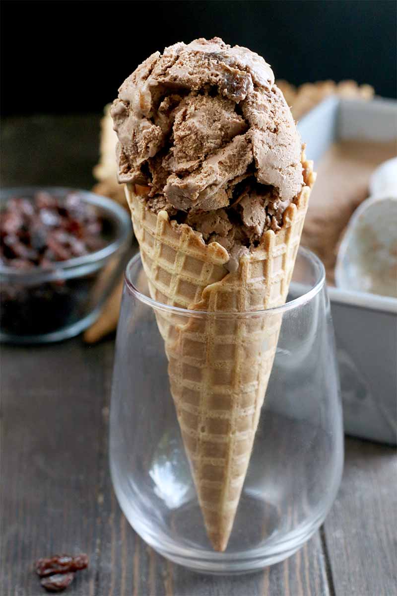 Chocolate rum raisin ice cream filled a waffle cone that is standing upright in a stemless wine glass, with a small bowl of dried fruit and a loaf pan of more of the homemade frozen dessert in the background, on a dark brown wood surface against a black wall.