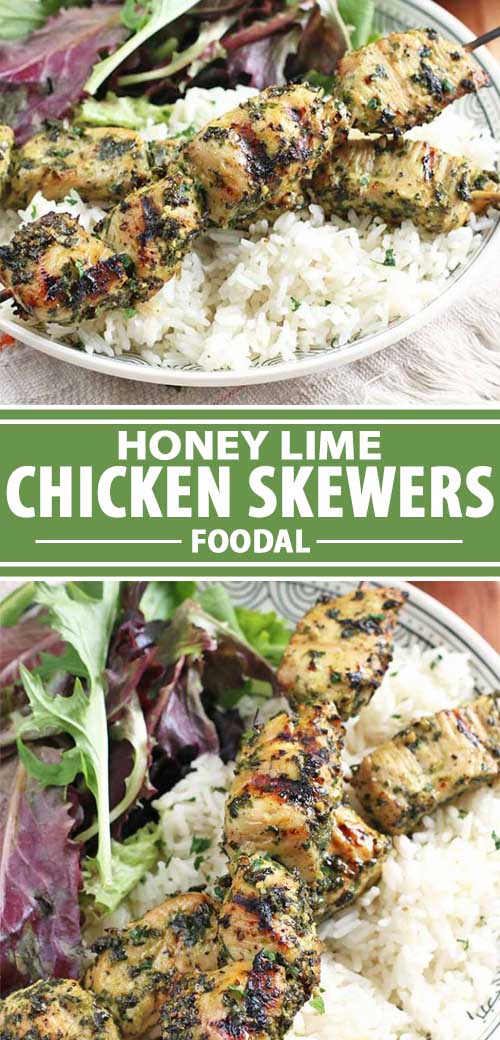 A collage of photos showing different views of a Honey Lime Chicken Skewer recipe.