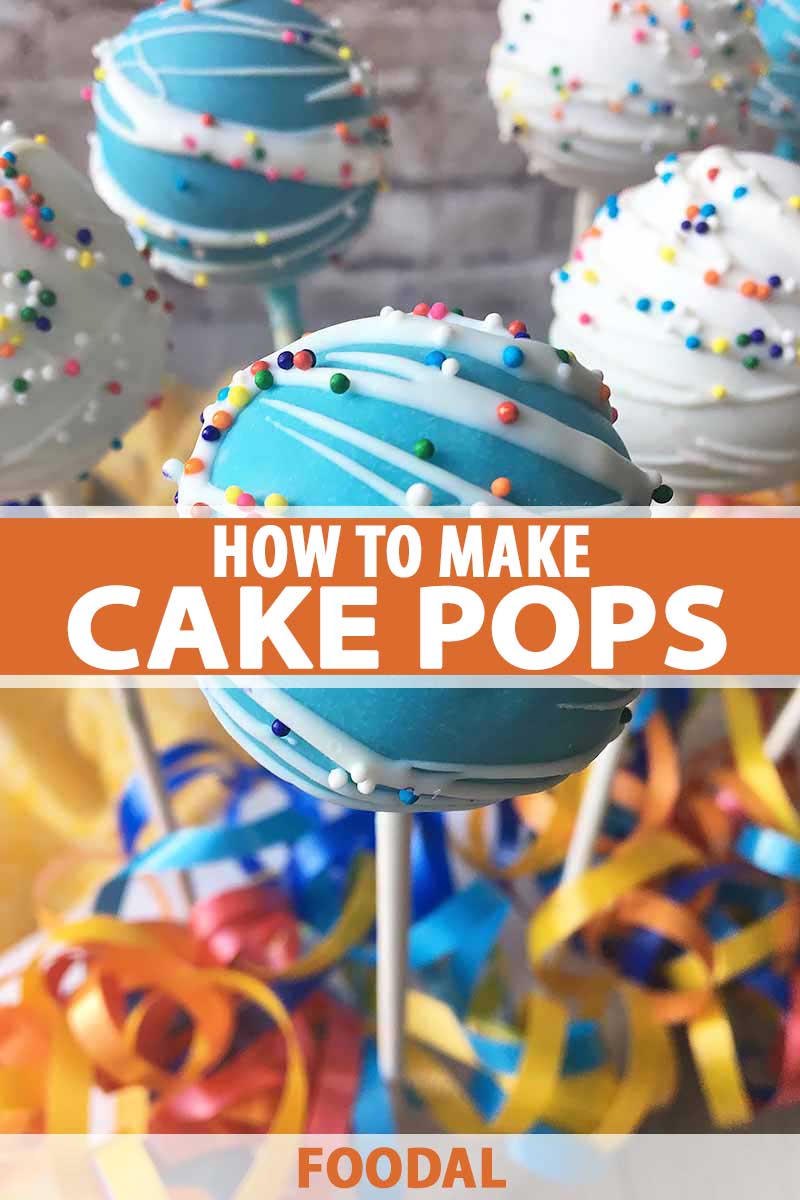 Vertical image of a blue cake ball in front of streamers.