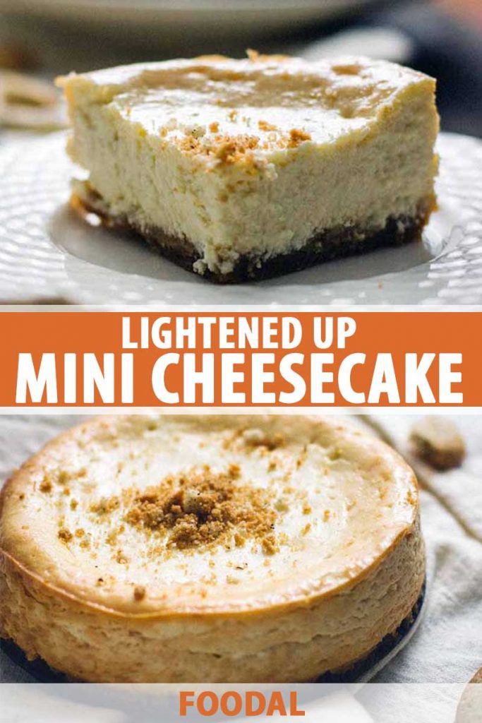 A collage of photos showing different views of a lightened up mini cheesecake recipe.