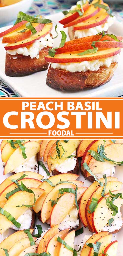 A collage of photos showing a peach basil crostini recipe.