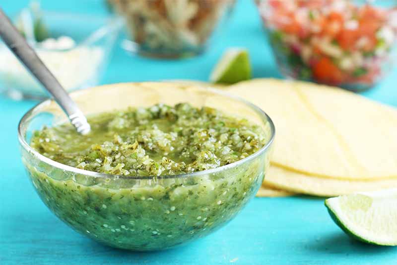 A clear glass dish of green salsa verde with a spoon, with tortillas, lime wedges, a dish of onions, and a dish of pico de gallo in soft focus in the background.