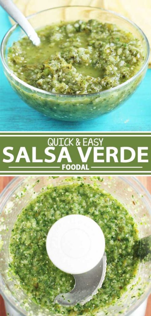 A collage of photos showing different views of a traditional salsa verde recipe being made.