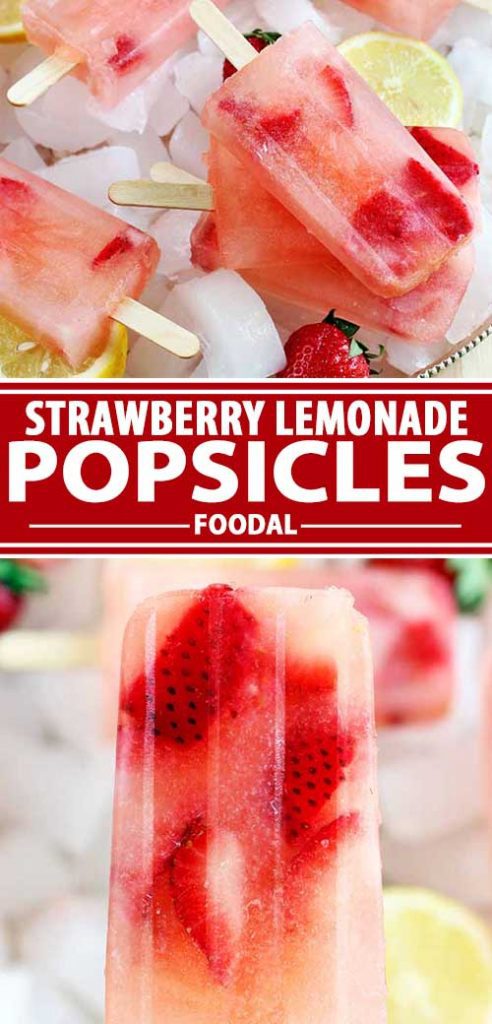 A collage of photos showing different views of strawberry lemonade popsicles.